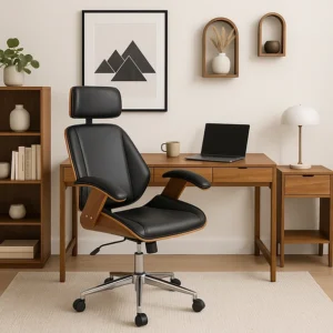 Silla oficina cuero negra con apoyabrazos madera y respaldo cabeza_3