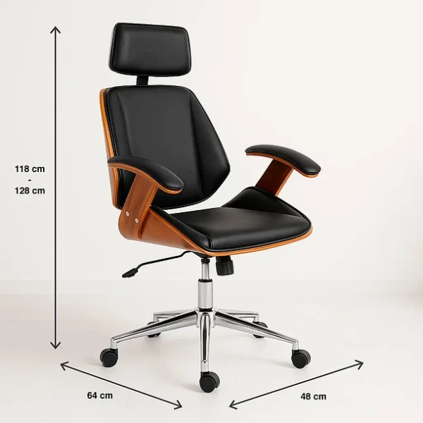 Silla oficina cuero negra con apoyabrazos madera y respaldo cabeza