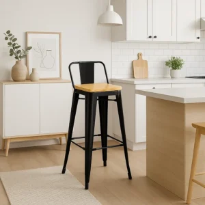 Taburete Tolix Negro Alto y Asiento de madera Clara_3