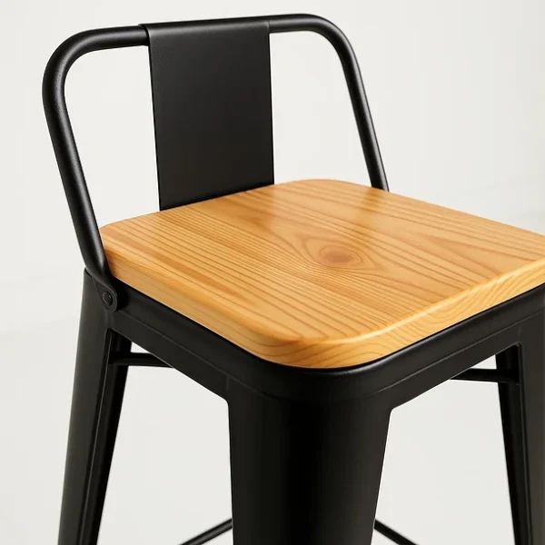 Taburete Tolix Negro Alto y Asiento de madera Clara